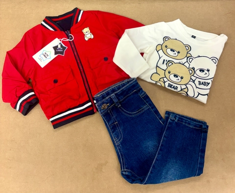 Conjunto 3 piezas con vaquero y cazadora reversible oso