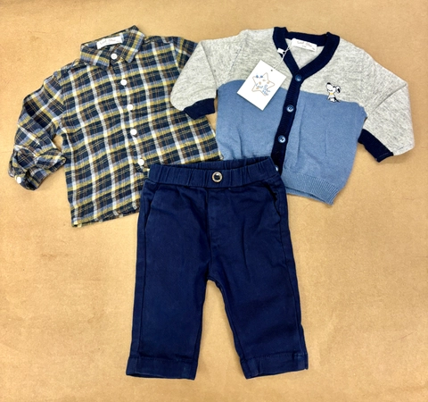Conjunto 3 piezas chaquetita punto perrito camisa cuadros