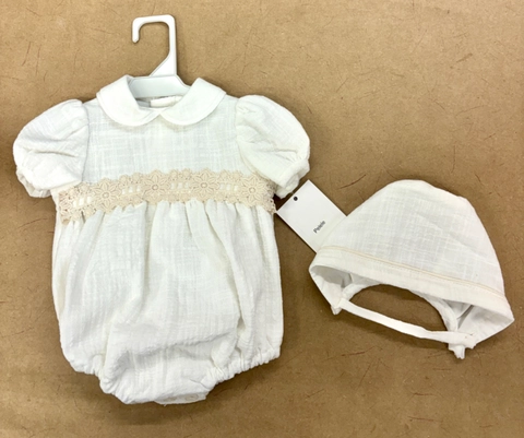 Pelele unisex con capota a juego blanco detalle pecho beige