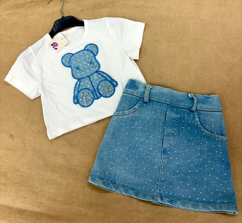 Conjunto camiseta y falda brillos vaquero oso