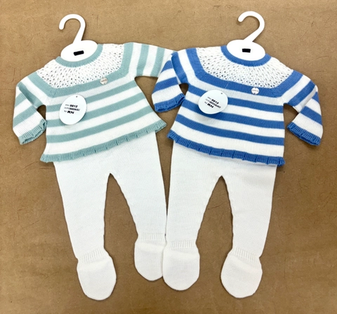 Conjunto en hilo con polaina blanca azul/verde