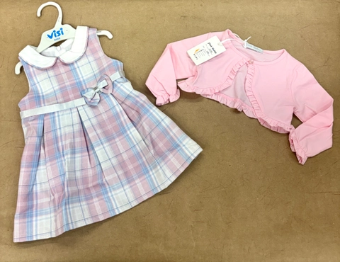 Conjunto vestido cuadritos + rebeca volantitos
