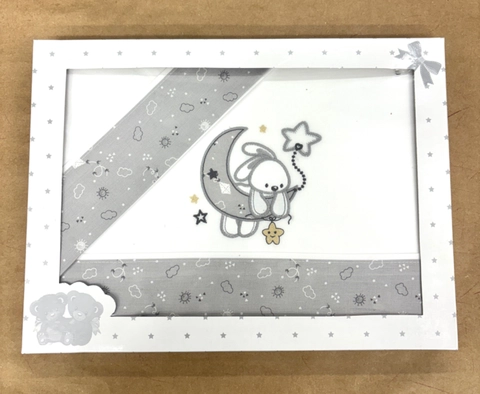 Juego sabanas triptico cuna conejo colgando de luna