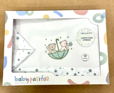 Huego triptico sabanas cuna unisex ositos con paraguas