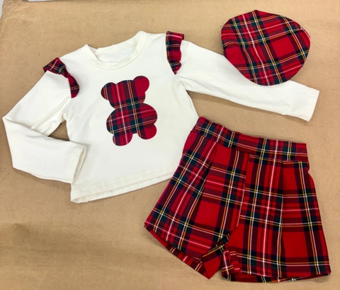 Conjunto 3 piezas con boina osito cuadros